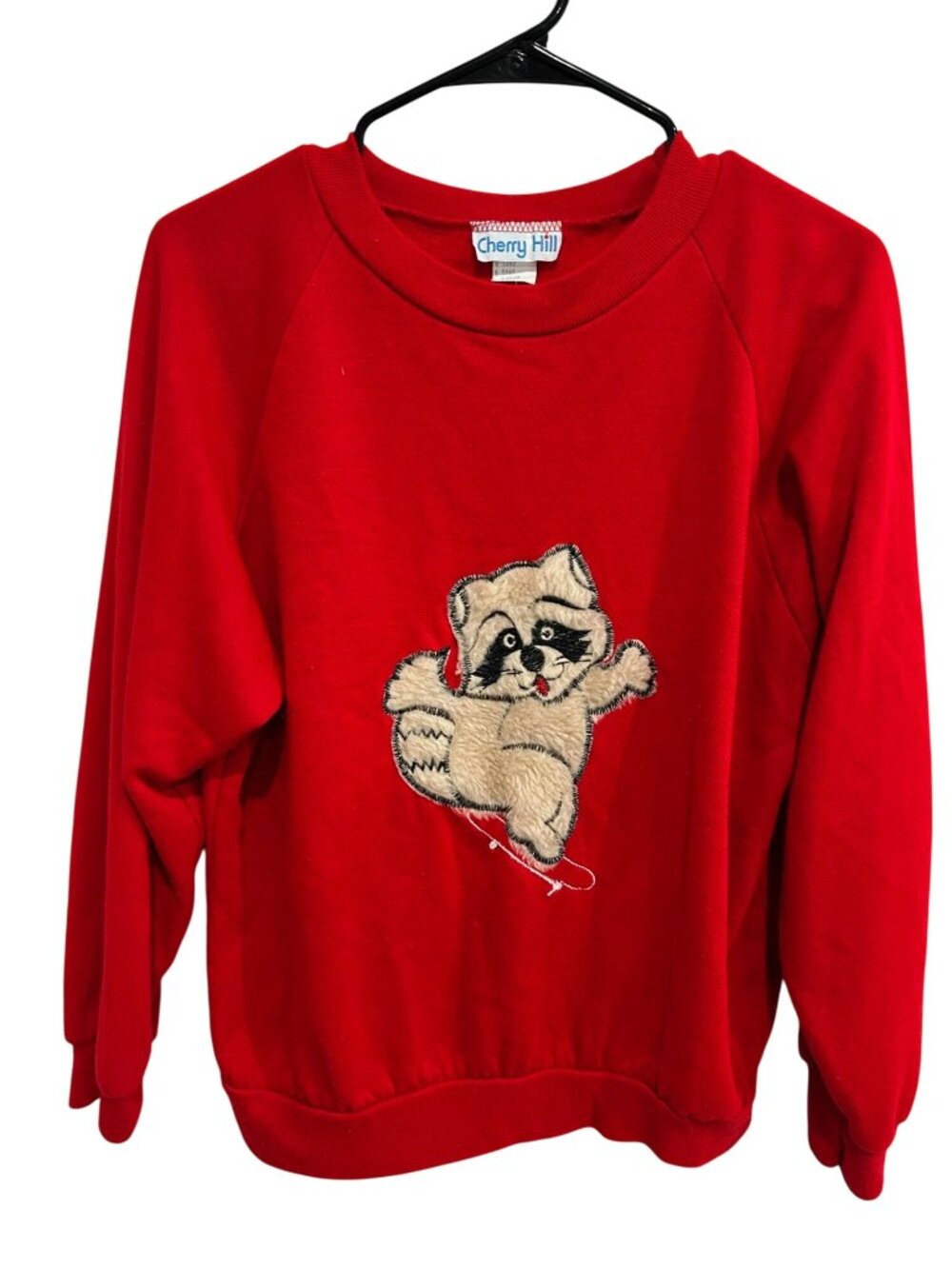 Cherry Hill Large Red Sweatshirt Embroidered Raccoon Cottagecore Vintage